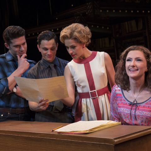 Josh Piterman (as Gerry Goffin), Mat Verevis (Barry Mann), Amy Lehpamer (Cynthia Weil) and Esther Hannaford (Carole King) in Beautiful - The Carole King Musical. Photo by Joan Marcus.